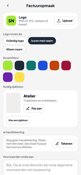 Scherm Factuuropmaak met logo, accentkleur en handtekening
