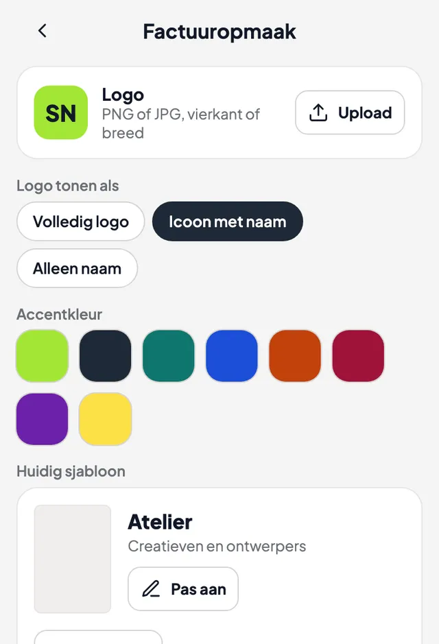 Scherm Factuuropmaak met logo, accentkleur en handtekening
