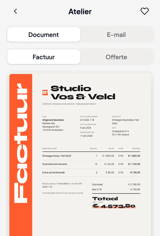 Factuur in het sjabloon Atelier, met oranje zijbalk en groot woord Factuur