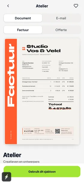 Factuur in het sjabloon Atelier, met oranje zijbalk en groot woord Factuur