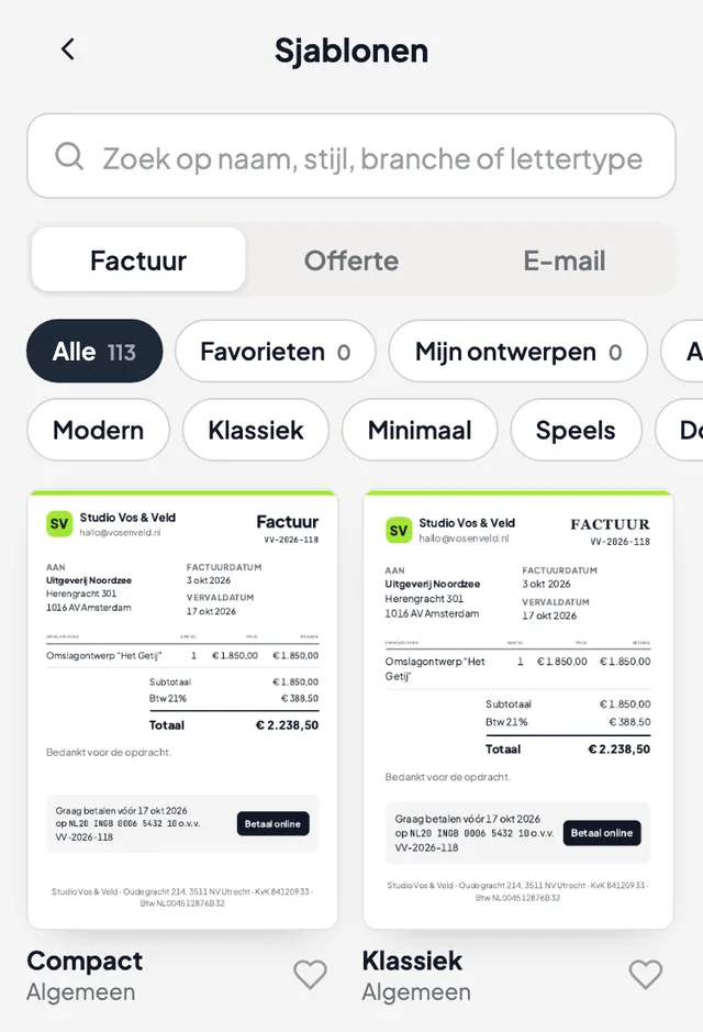 Sjabloonbibliotheek met zoekveld en filters