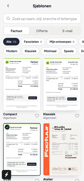 Sjabloonbibliotheek met zoekveld en filters